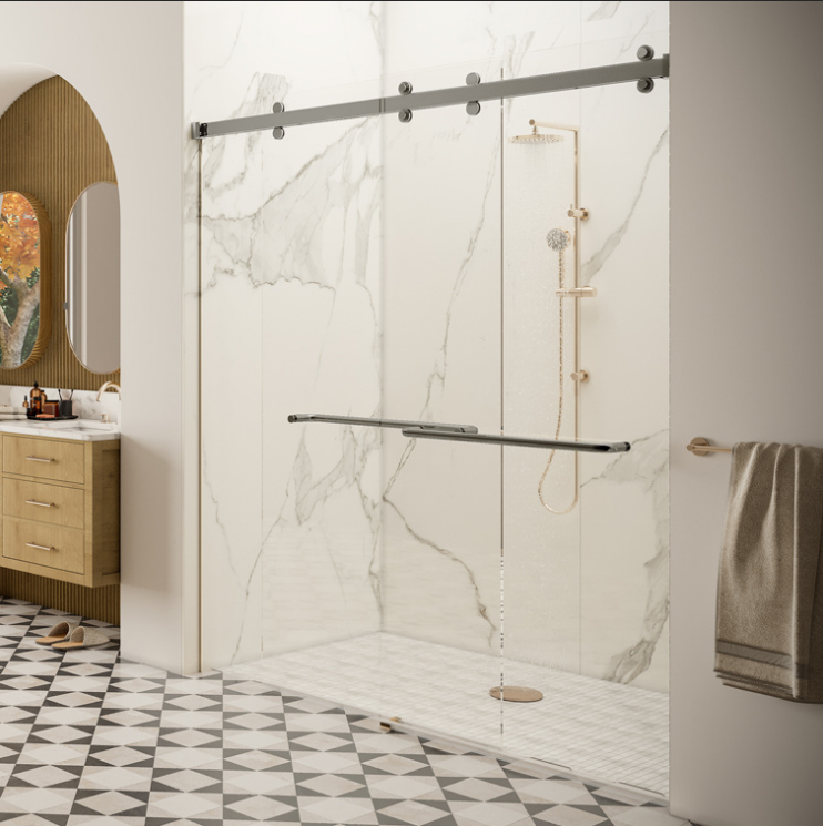 cambridge bypass sliding shower in brushed nickel with towel bars